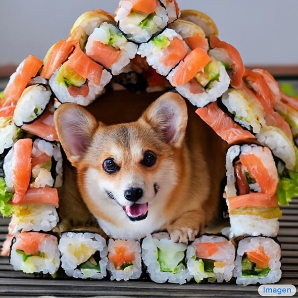 'A cute corgi lives in a house made out of sushi.'