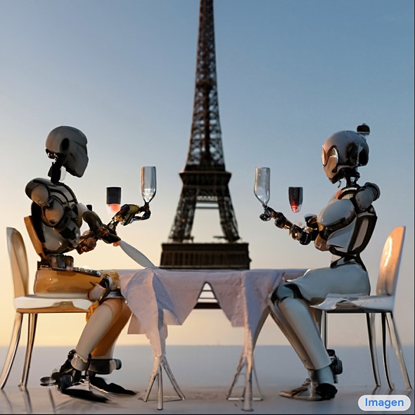 'A robot couple fine dining with Eiffel Tower in the background.' نتیجه‌ی این عکس چه شکلی می‌شد اگر واژه «ربات» در این متن قرار نداشت؟