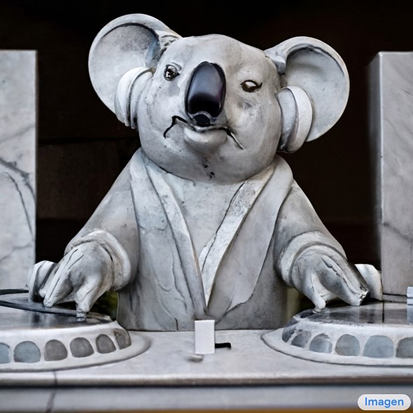 'A marble statue of a koala DJ in front of a marble statue of a turntable. The koala is wearing large marble headphones.' متن‌های ورودی می‌توانند کاملاً پیچیده باشند.